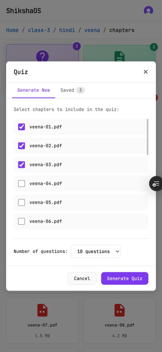 The quiz dialog with three chapters ticked and a question-count selector set to ten questions.